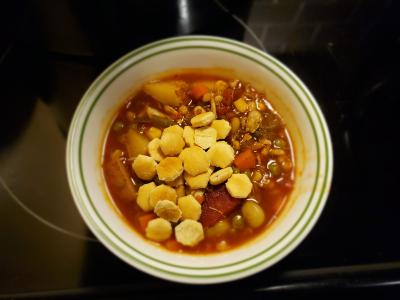 Soup in a bowl with oyster crackers. My masterpiece.